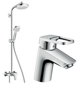 Душевая система Hansgrohe Crometta 160 1jet Showerpipe 27266400 + Смеситель для раковины Hansgrohe Logis Loop 70 71150000 (белый/хром) 219655 фото
