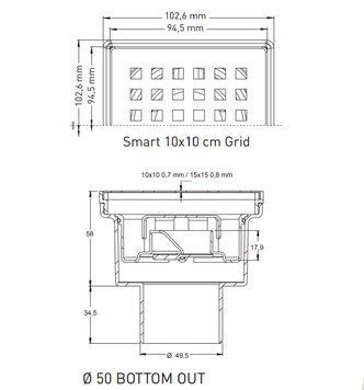 Душовий трап Valtemo Smart VFD-712515 з решіткою 100x100 мм (з вертикальним відведенням 50 мм) 277896 фото
