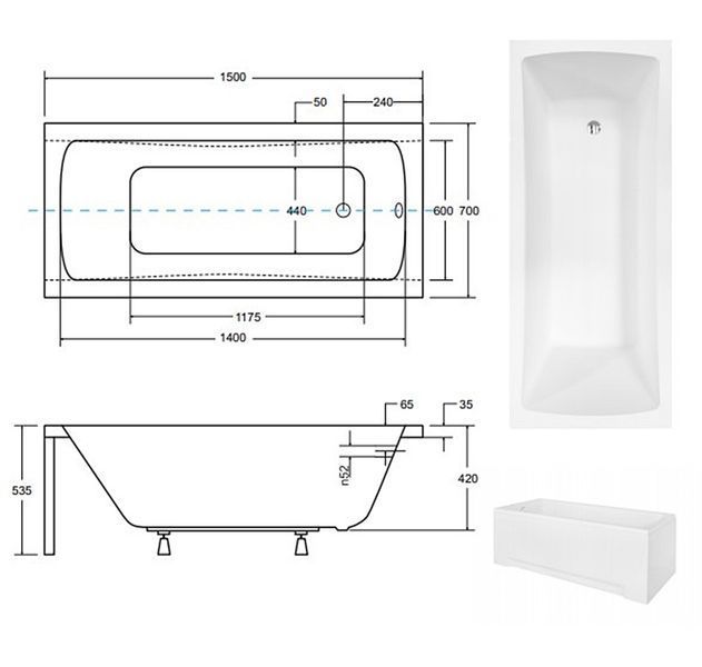 Ванна акрилова Besco Optima 150x70 (WAO-150-PK) без ніжок 371543 фото