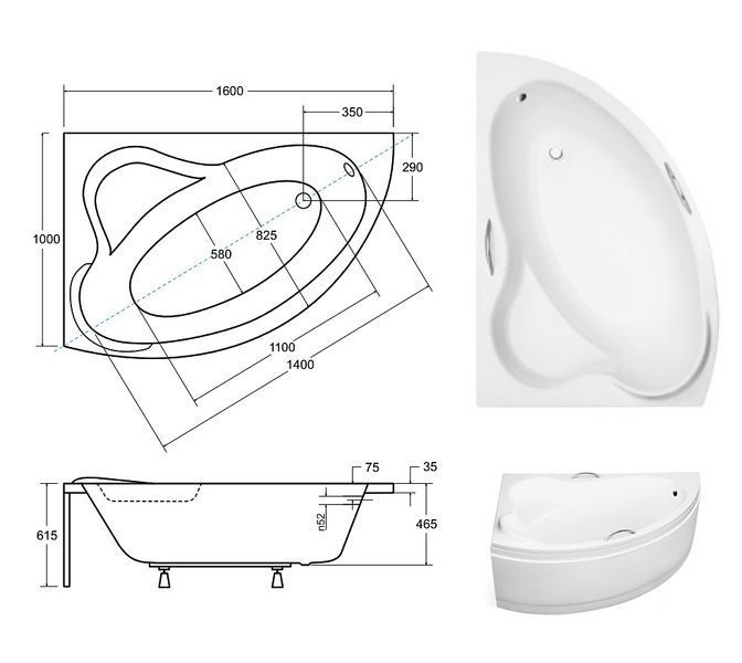 Ванна акрилова Besco Ada 160x100 (WAA-160-NL) без ніжок з отворами під ручки, ліва 371215 фото