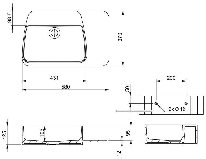 Умивальник Volle Solid surface 58x37 см 13-40-415 324473 фото