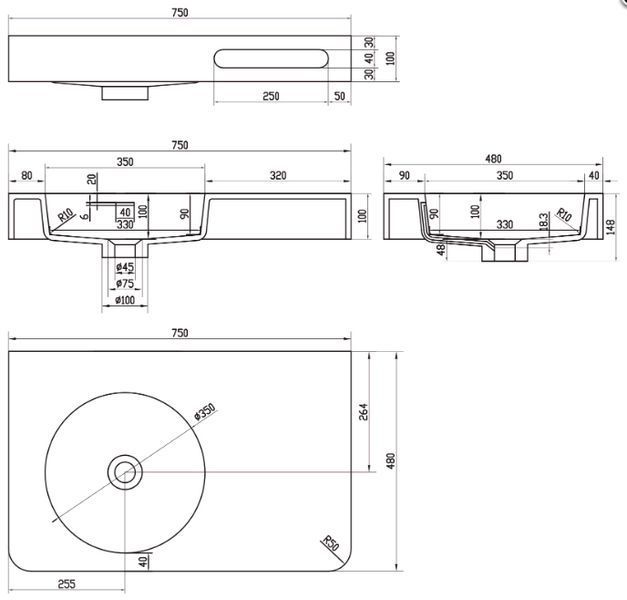 Умивальник Volle Solid Surface 75x48 см (13-40-742) матовий білий камінь 262227 фото