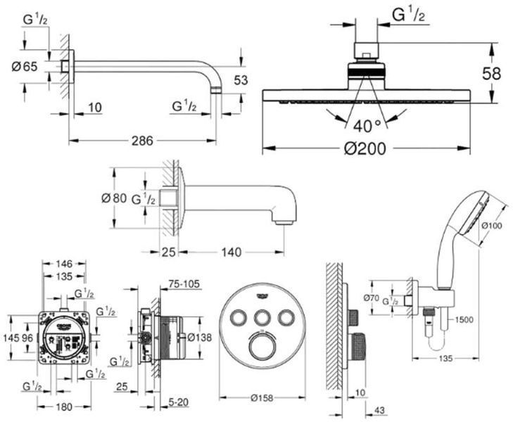Душевая система Grohe SmartControl Tempesta Cosmopolitan UA3461402L (35600000+29121000+27541001+28576000+26406001+13258000) с термостатом 324858 фото