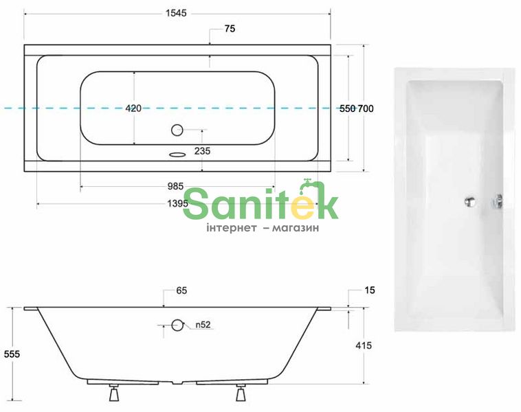 Ванна акриловая Besco Quadro Slim 155x70 (WAQ-155-SL) без ножек 508395 фото