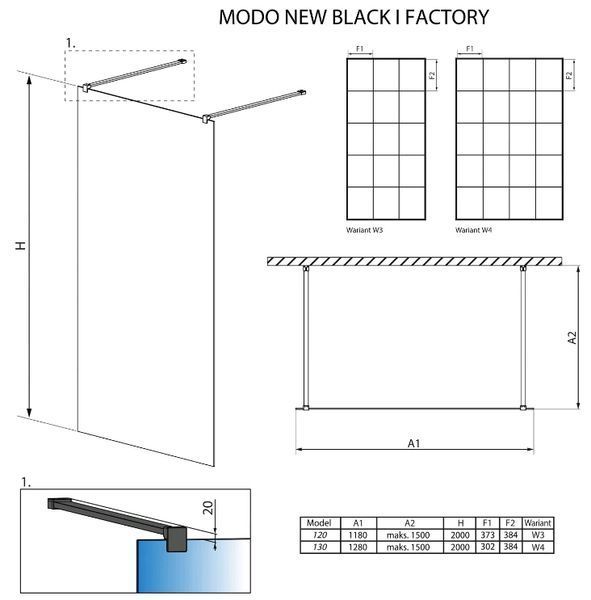 Душова кабіна Radaway Modo New Black I Factory 130 Walk-In (388134-54-57) чорний профіль/скло прозоре 271942 фото
