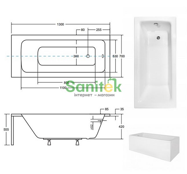 Ванна акрилова Besco Talia 130x70 (WAT-130-PK) без ніжок 371649 фото