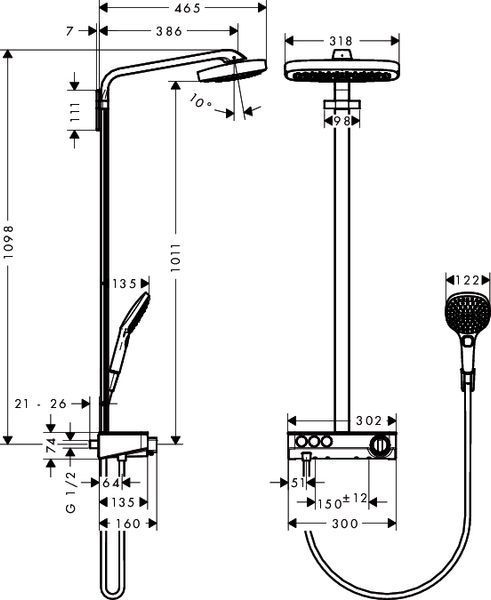 Душевая система Hansgrohe Raindance Select E 300 3jet Showerpipe 27127000 с термостатом (хром) 118156 фото