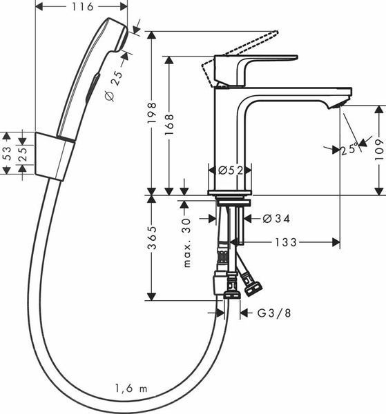 Смеситель для умывальника Hansgrohe Rebris S 110 72215670 с гигиеническим душем (чёрный матовый) 546732 фото