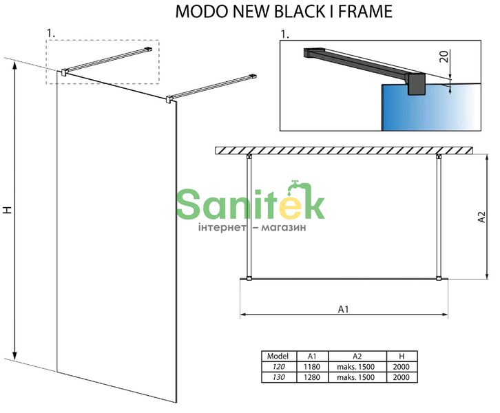 Душова кабіна Radaway Modo New Black I Frame 120 Walk-In (388124-54-58) чорний профіль/скло прозоре 280723 фото