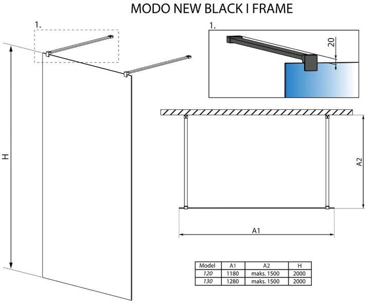 Душевая кабина Radaway Modo New Black I Frame 120 Walk-In (388124-54-58) чёрный профиль/стекло прозрачное 280723 фото