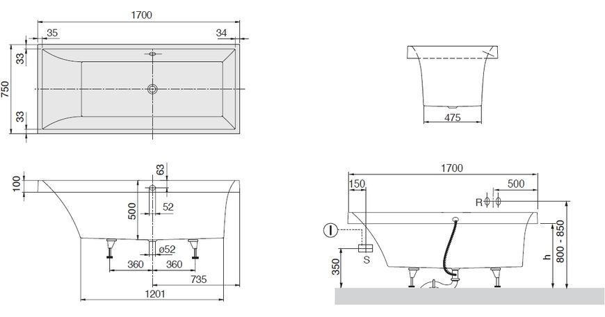 Ванна квариловая Villeroy&Boch Squaro 170x75 (UBQ170SQR2V-01) 120430 фото