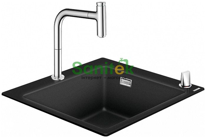 Гранитная мойка Hansgrohe C51-F450-06 (43312170) чёрный графит + Смеситель для кухни Hansgrohe Metris Select M71 73818000 с душем 304961 фото