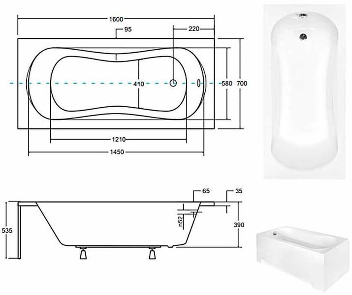 Ванна акрилова Besco Aria 160x70 (WAA-160-PA) без ніжок 543765 фото