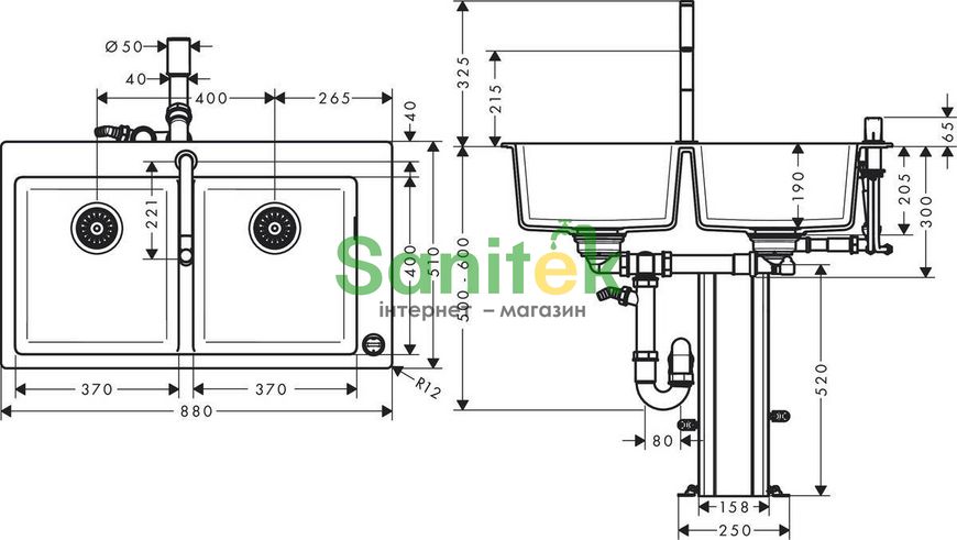 Гранитная мойка Hansgrohe C51-F770-10 (43221000) чёрный графит + Смеситель для кухни Hansgrohe Metris Select M71 73818000 с душем 304998 фото