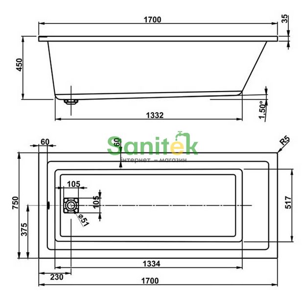 Ванна акрилова Vagnerplast Cavallo 170x75 (VPBA170CAV2X-04) 87123 фото