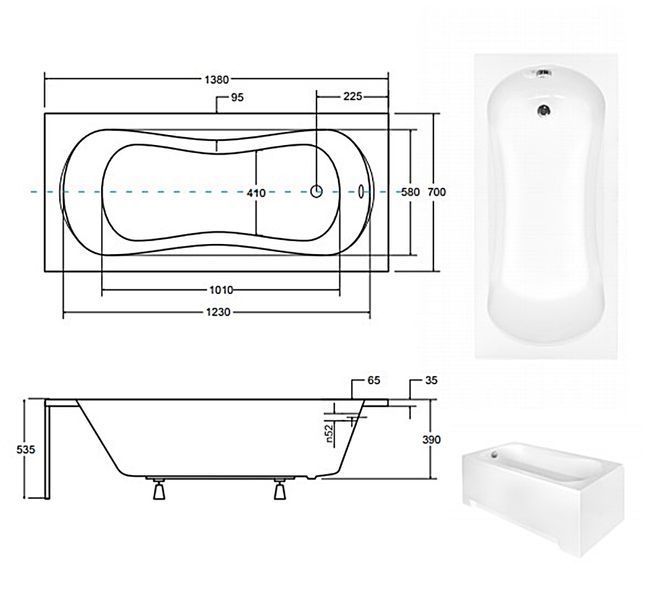 Ванна акрилова Besco Aria Plus 140x70 (WAA-140-PU) без ніжок і ручок з отворами під ручки 371260 фото