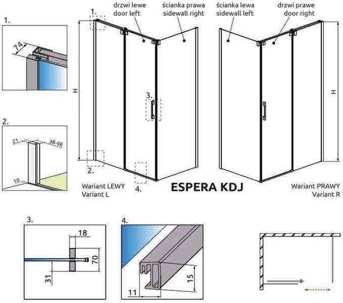 Бічна стінка Radaway Espera KDJ 450 R (380230-71R) хромоване кріплення/скло дзеркальне 265701 фото