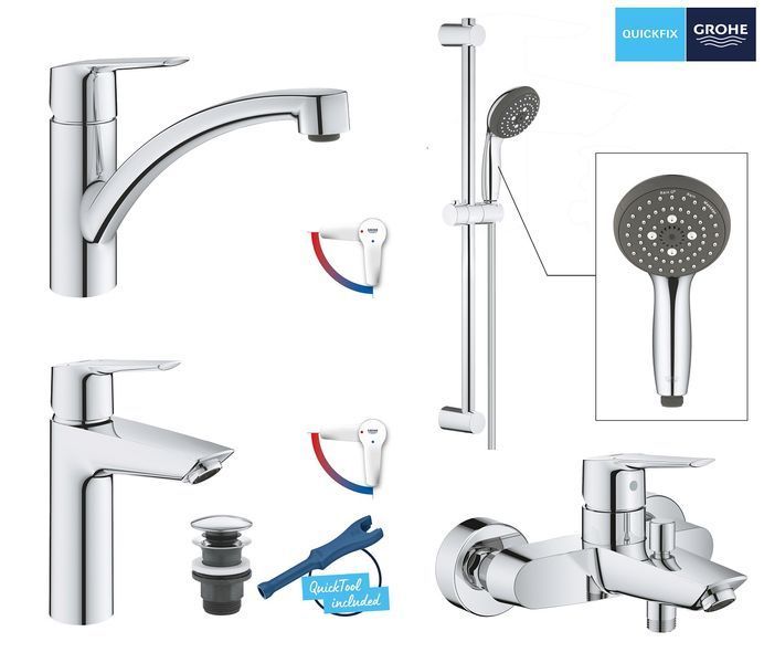 Набор смесителей для ванной комнаты Grohe QuickFix Start UA202301KE + кухнный смеситель 695943 фото