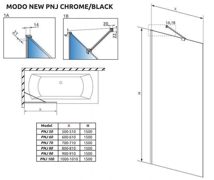 Шторка для ванни Radaway Modo New Black PNJ 60 (10006060-54-01) чорний профіль/скло прозоре 280946 фото