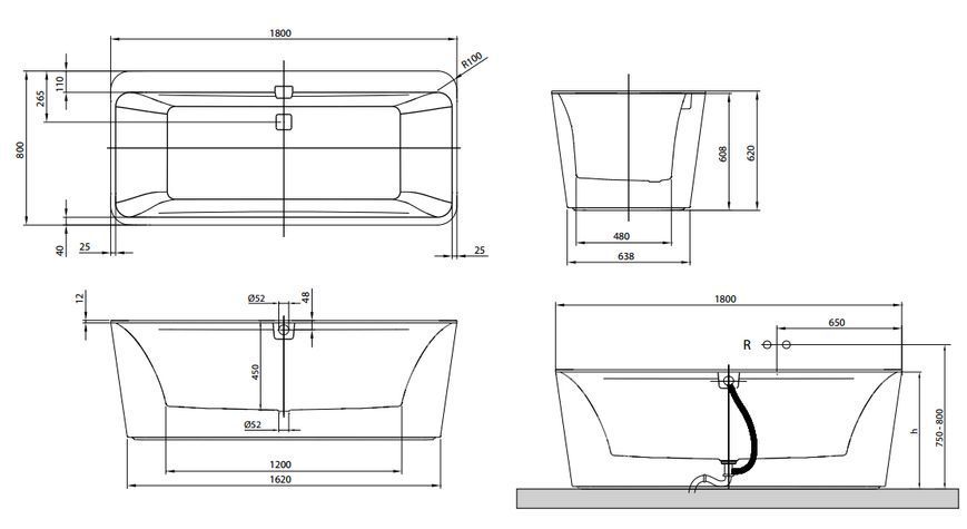 Ванна кварилова Villeroy&Boch Squaro Edge 180x80 (UBQ180SQE7PDV-96) яскраво-білий з панеллю 153097 фото
