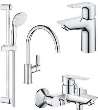 Набор смесителей для ванной комнаты Grohe BauEdge UA123218K0 (23330001+23605001+27598001+31233001) + кухнный смеситель 491292 фото
