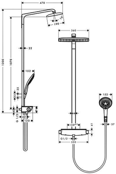 Душевая система Hansgrohe Raindance Select E 360 1jet Showerpipe 27112000 с термостатом (хром) 91641 фото