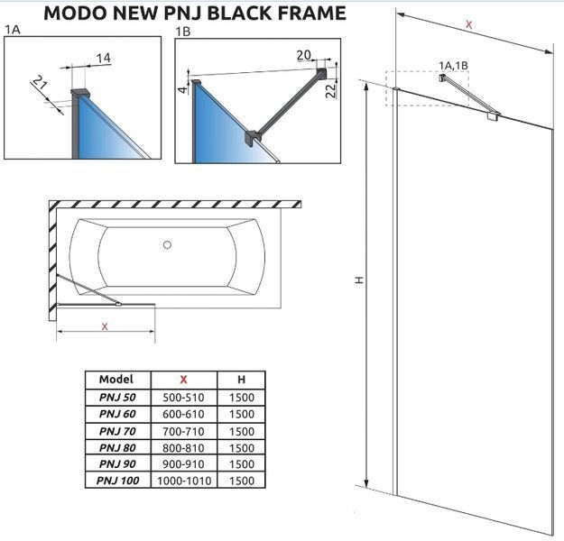 Шторка для ванны Radaway Modo New Black Frame PNJ 90 (10006090-54-56) чёрный профиль/стекло прозрачное 280955 фото