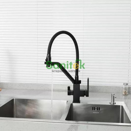 Змішувач для кухні Gappo G4317-6 з душем та підключенням питної води (чорний матовий) 927230 фото