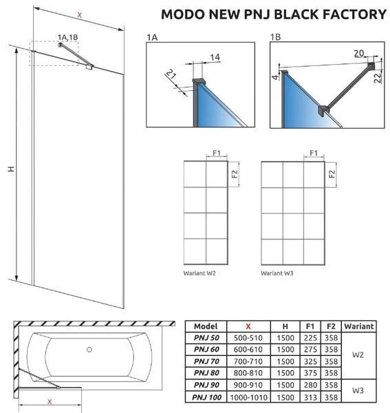 Шторка для ванны Radaway Modo New Black Factory PNJ 100 (10006100-54-55) чёрный профиль/стекло прозрачное 280962 фото