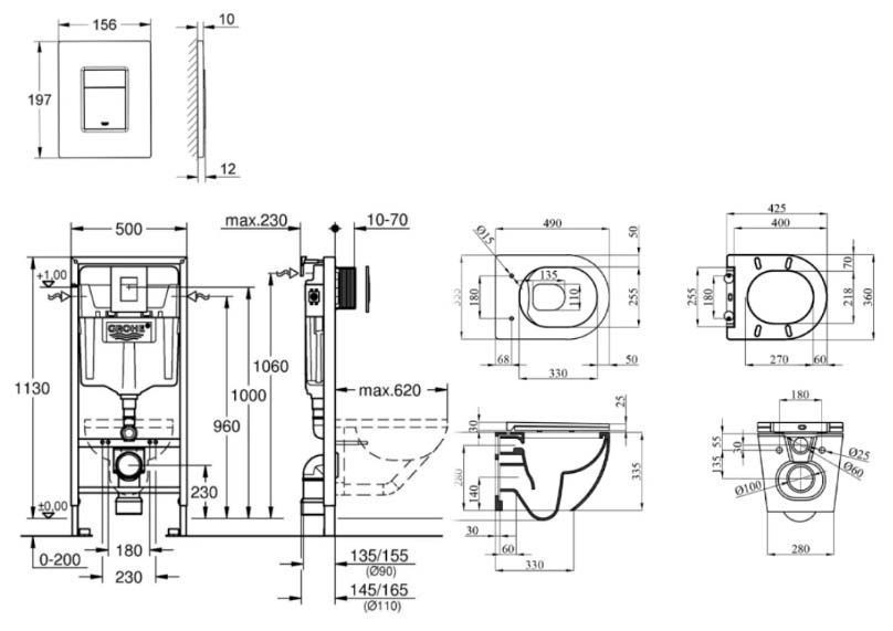Комплект 4 в 1: Інсталяція Grohe Rapid SL 3 в 1 38772001 + Унітаз безободковий Kroner Harz WHI493736 RIMLESS з сидінням Slim Duroplast / Soft-close / Quick relase KH493736WHIR 934267 фото