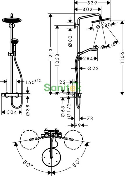 Душевая система Hansgrohe Croma Select 280 Air 1jet Showerpipe 26790000 с термостатом (хром) 135664 фото