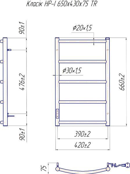 Полотенцесушитель электрический Mario Классик HP-I 650x430/75 TR К 2.3.0113.10.P (4820111356539) правый/левый белый 422946 фото