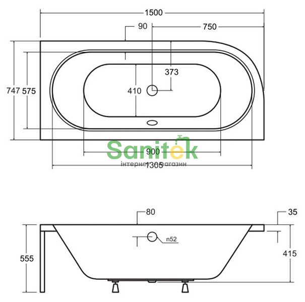 Ванна акрилова Besco Avita 150x75 (WAV-150-NP) без ніжок, права 371288 фото
