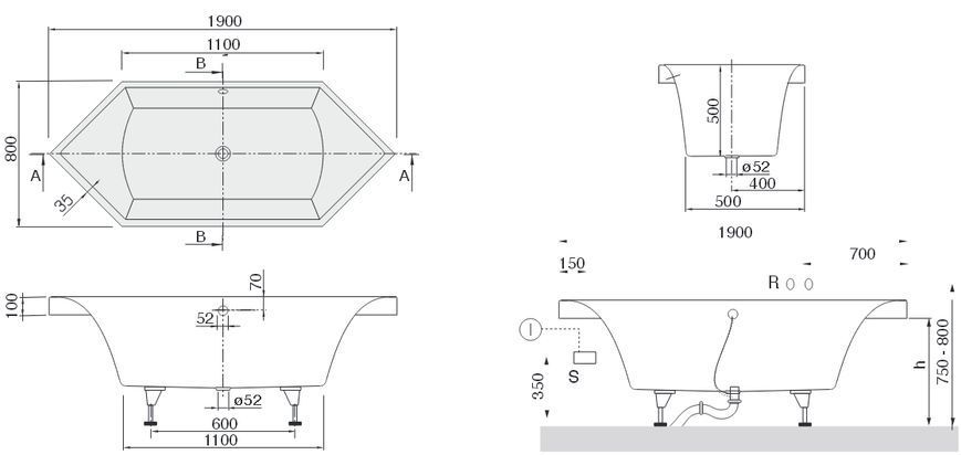 Ванна квариловая Villeroy&Boch Squaro 190x80 (UBQ190SQR6V-01) 120432 фото