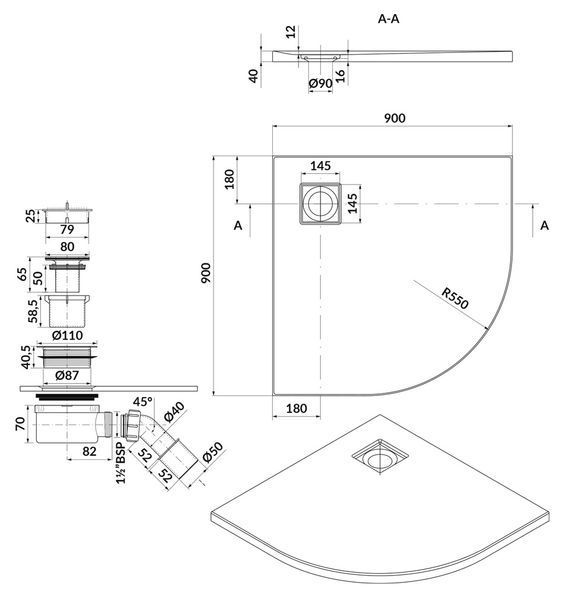 Душевой поддон Cersanit Tako Slim 90x90x4 (Сет B457) полукруглый чёрный матовый + сифон 545177 фото