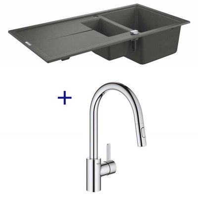 Гранітна мийка Grohe K400 100x50 (31642AT0) сірий граніт + змішувач для кухні Grohe Eurosmart Cosmopolitan 31481001 з душем (хром) 424422 фото