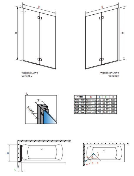 Шторка для ванны Radaway Nes PND I 110 R (10010110-01-01R) профиль хром/стекло прозрачное 281110 фото