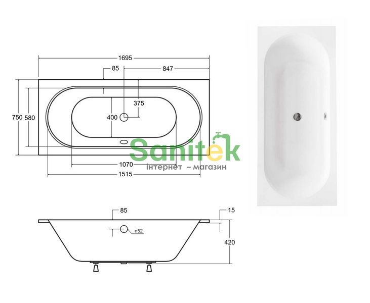 Ванна акриловая Besco Vitae Slim 170x75 (WAV-170-SL) без ножек 492355 фото