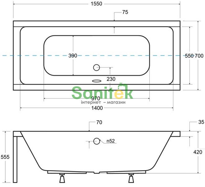 Ванна акриловая Besco Quadro 155x70 (WAQ-155-PK) без ножек и ручек с отверстиями под ручки 371583 фото