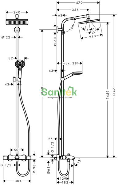 Душевая система Hansgrohe Crometta E 240 1jet Showerpipe 27298000 с термостатом (хром) 135692 фото