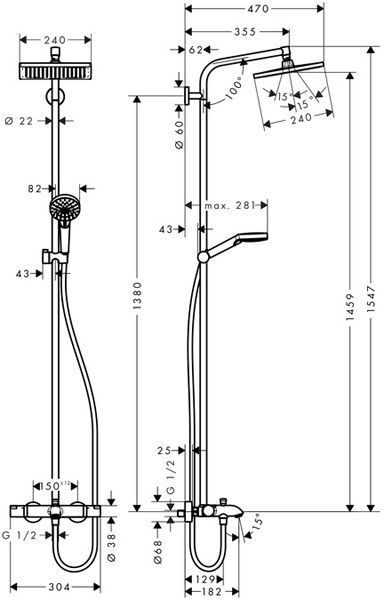 Душевая система Hansgrohe Crometta E 240 1jet Showerpipe 27298000 с термостатом (хром) 135692 фото