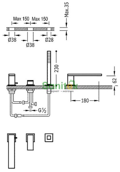 Змішувач для ванни Tres Cuadro 00616105 на 3 отвори (хром) 254278 фото