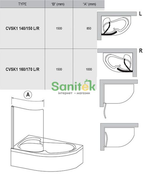 Шторка для ванни Ravak CVSK1 Rosa 160/170 R (7QRS0100Y1) білий профіль/скло Transparent (права) 151514 фото