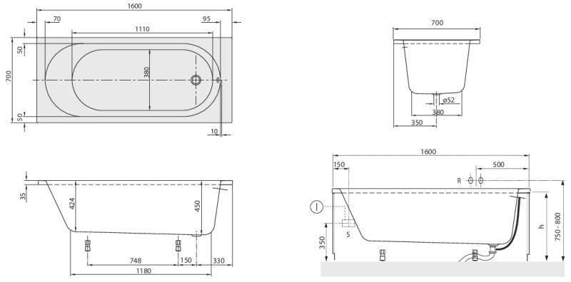 Ванна акриловая Villeroy&Boch O.Novo 160x70 (UBA160CAS2V-01) 152821 фото