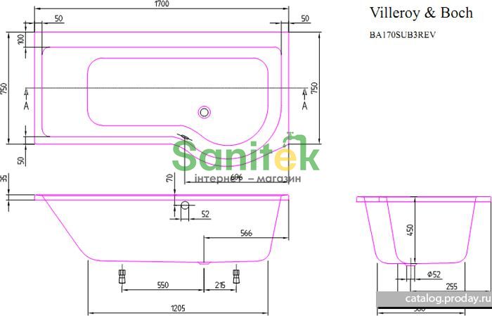 Ванна акрилова Villeroy&Boch Subway 170x90 (UBA170SUB3CRV-01) з фронтальною та бічною панеллю права 152901 фото