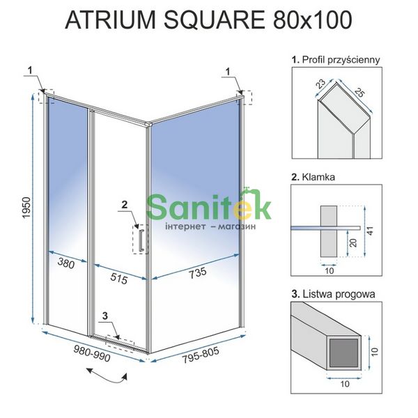 Душова кабіна Rea Atrium Square 80x100 (REA-K8002) профіль хром/скло прозоре права 370956 фото