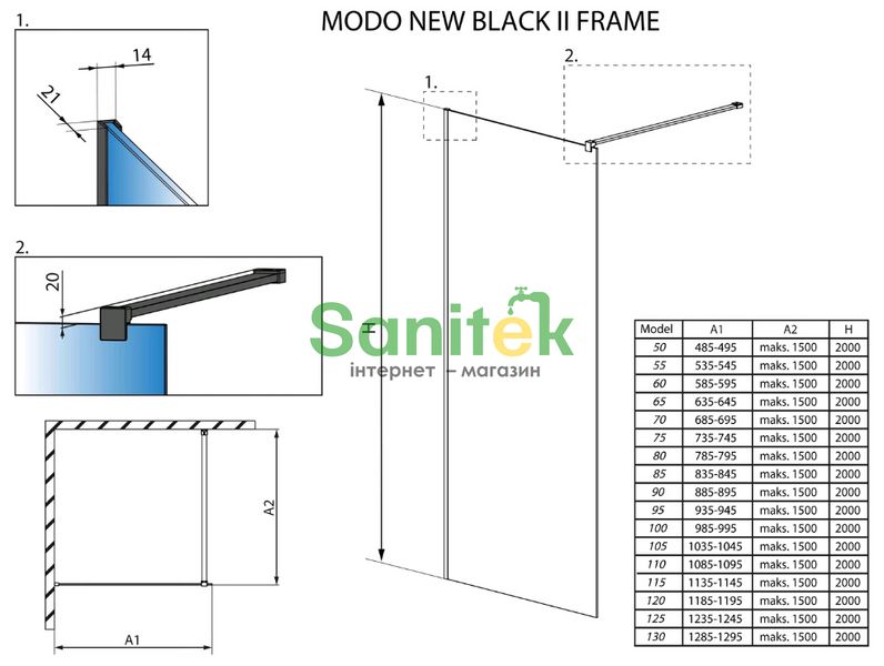 Душевая кабина Radaway Modo New Black II Frame 70 Walk-In (389074-54-56) чёрный профиль/стекло прозрачное 280729 фото