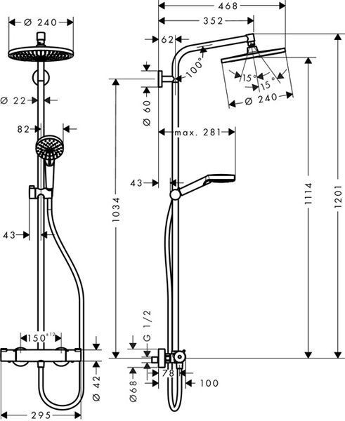 Душевая система Hansgrohe Crometta S 240 1jet Showerpipe EcoSmart 27268000 с термостатом (хром) 135715 фото