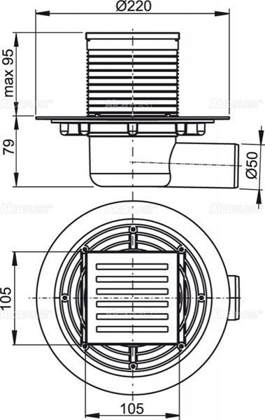 Душевой трап Alcaplast APV103 (105x105/50мм) с боковым подводом, металл 142380 фото