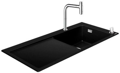 Гранитная мойка Hansgrohe C51-F450-08 (43314170) чёрный графит + Смеситель для кухни Hansgrohe Metris Select M71 73818000 с душем 304959 фото